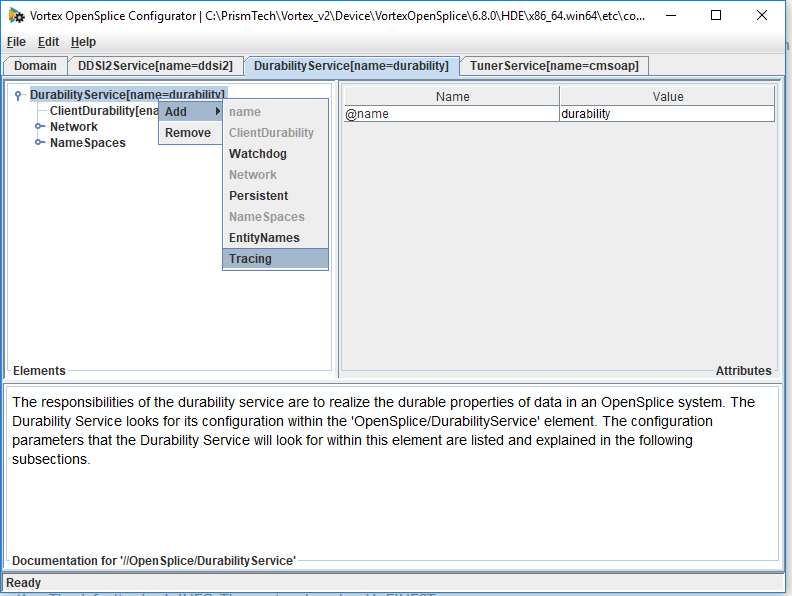 Adding tracing to the durablity service using the opsnsplice configuration tool