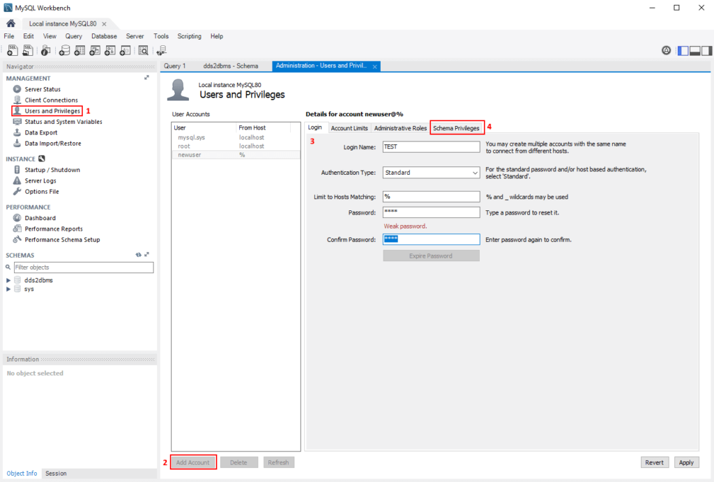 Adding a new user with MySQL Workbench