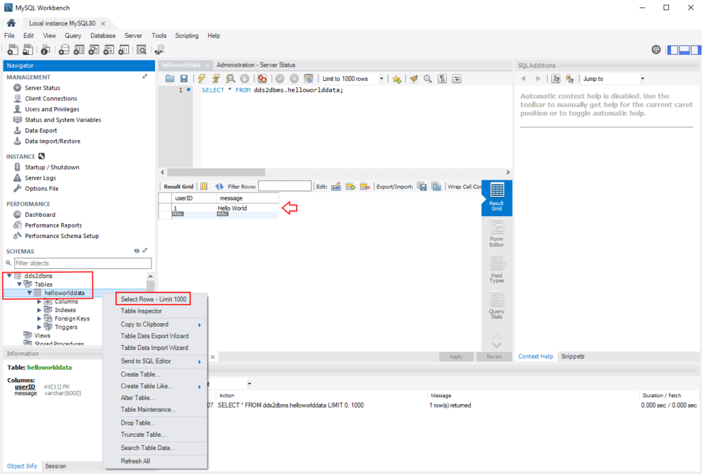 Viewing the HelloWorldData table in MySQL Workbench