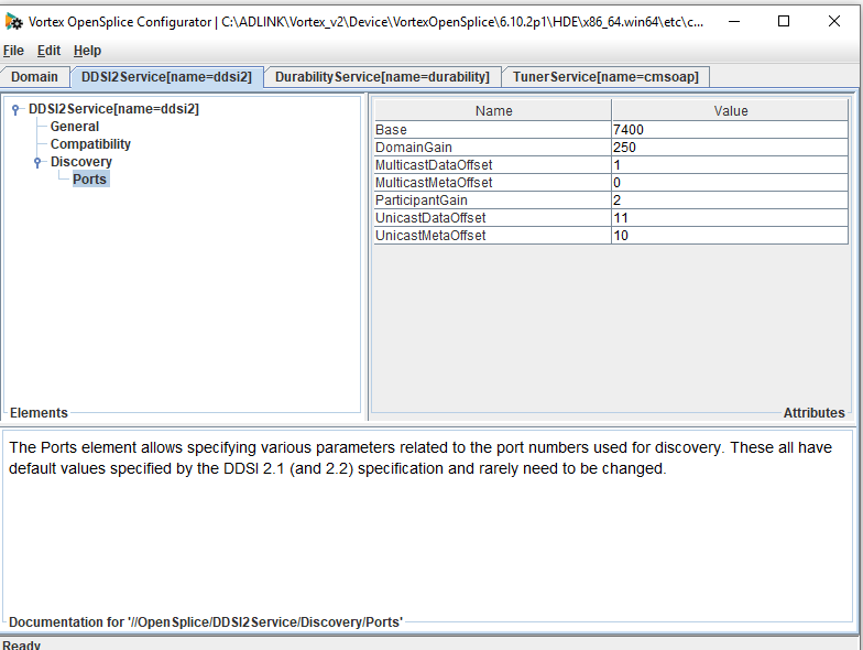 A screen shot of the opensplice configuration tool showing ddsi ports